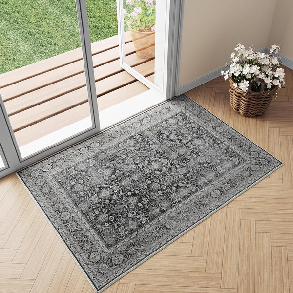 Black Grey Entryway Rug 2x3, Vintage Indoor Kitchen Washable Door Mat, Tribal Distressed Accent Throw Rug