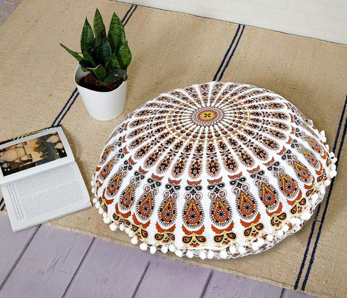 22" Indian Consigners Floor Cushion Covers Round Mandala Ombre Zipped Ottoman Cover