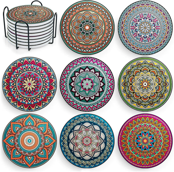 Mandala Drink Coasters with Holder - 8 Set Ceramic Boho Coaster for