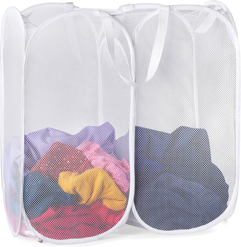 Handy Laundry Mesh Popup Hamper - White, Two Compartments, Collapsible for Easy Storage, Great for Kids Room or Travel.