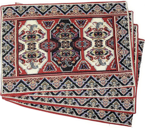 DaDa Bedding Majestic Red Kilim Rug Placemats - Set of 4 Cotton Kitchen Mats, Royal Persian Design - 13” x 19”